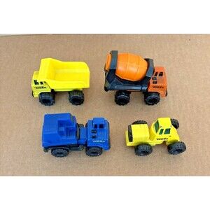 Vintage 9- 90's Tonka small size construction vehicles; older blue hot rod USA;